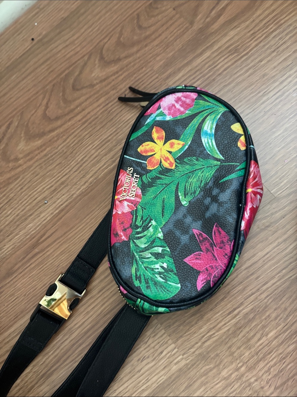 Victoria's Secret Black Floral Oval Crossbody Bag with Pink & Green Accents